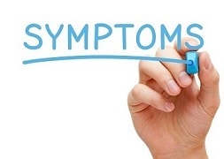 A hand underlining the word "symptoms" with a blue marker in white background