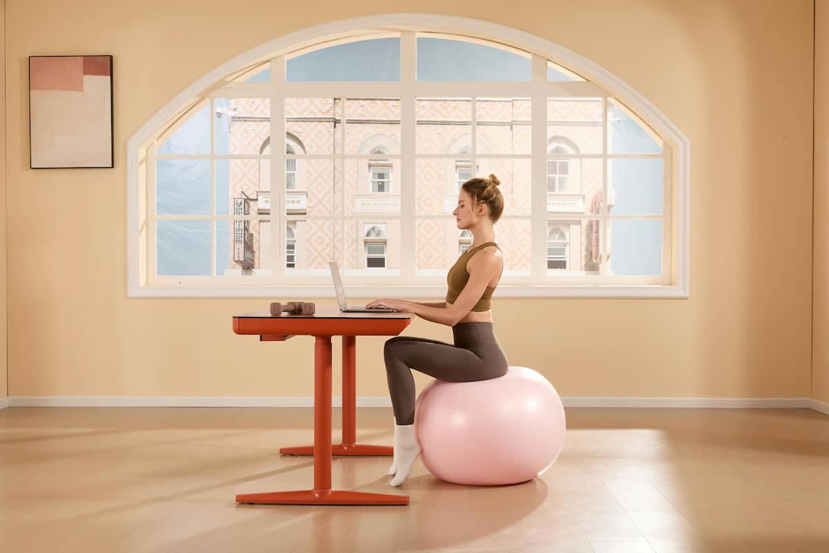 Woman Using Laptop on Exercise Ball at Home