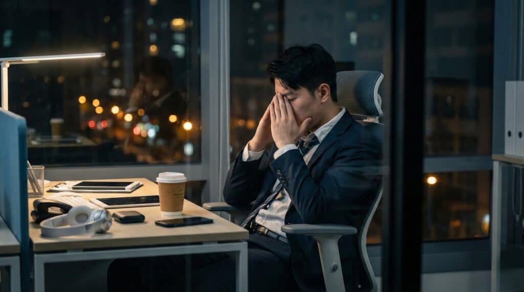 Business professional experiencing workplace burnout and stress late at night.